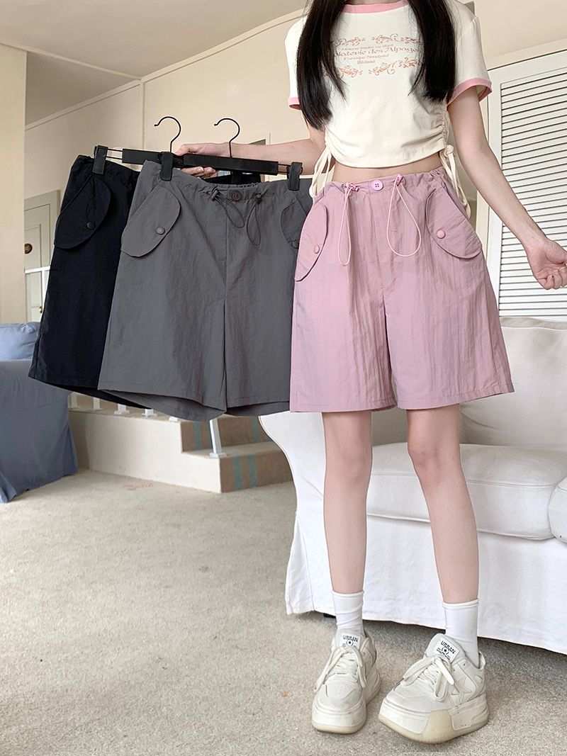 Real shot of women's thin high waist casual wide-leg sports American five-point pants