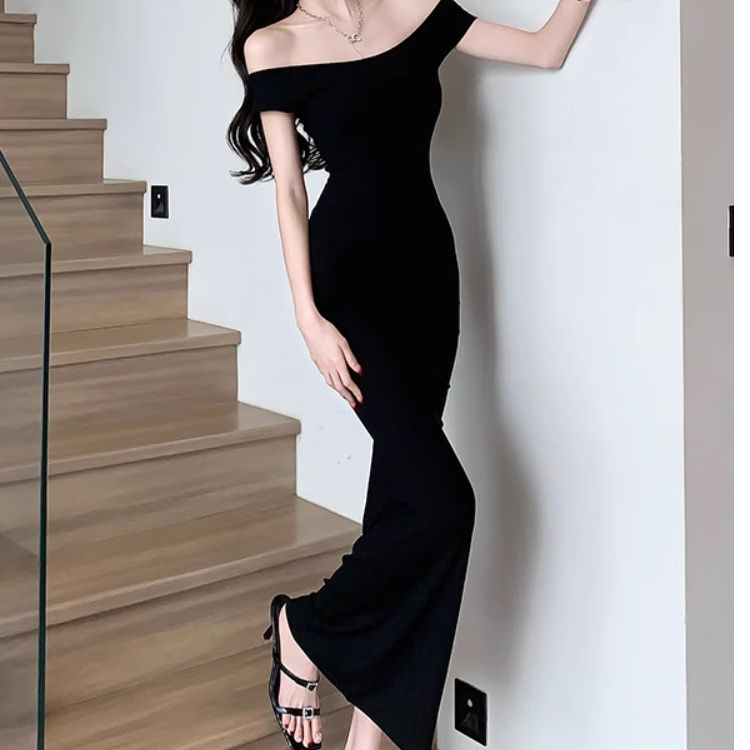 卡戴珊同款兩穿連衣裙夏季辣妹顯瘦性感包臀裙一字肩修身黑色長裙