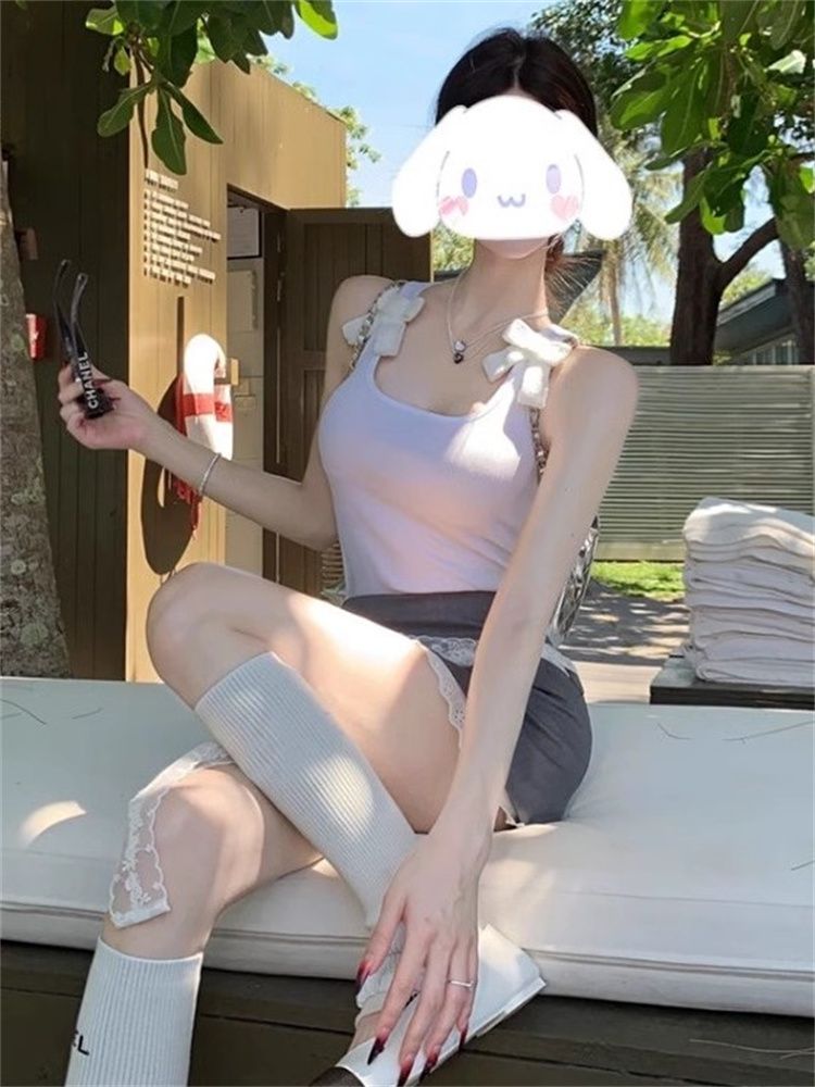 1*1莫代爾辣妹蝴蝶結背心外穿夏甜辣白色吊帶小眾修身無袖上衣女