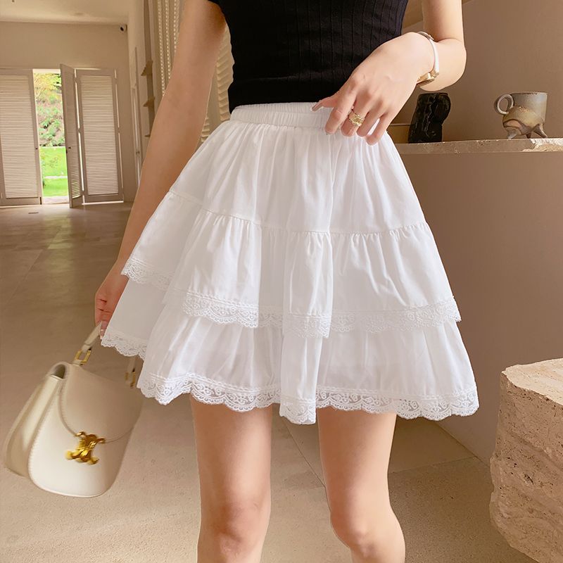 Slim and sweet French cake skirt for summer women's super fairy anti-lighting puffy skirt high-waisted slim lace A-line skirt