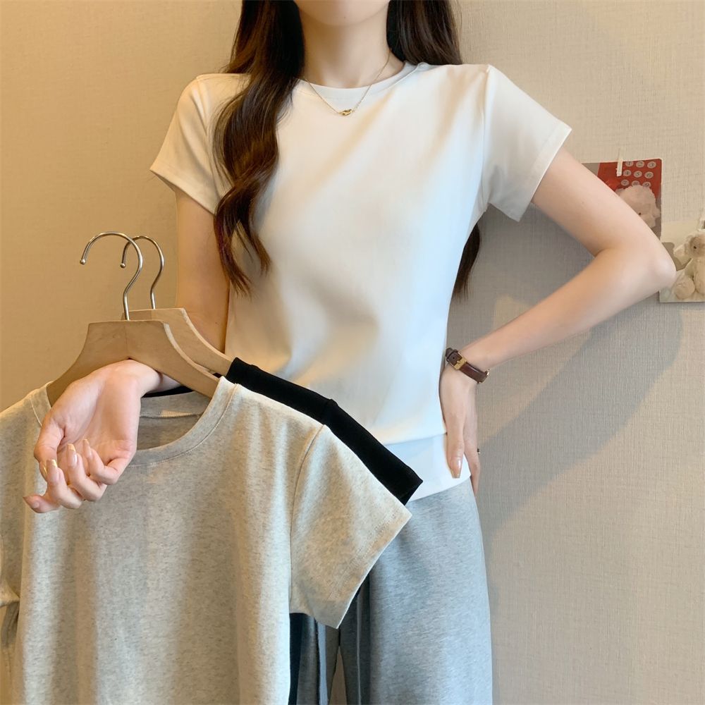 實拍 夏季韓版百搭純色圓領打底衫女新款純棉短袖T恤上衣女