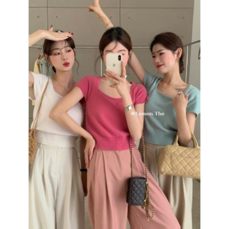 THE Lemon Green Tea Temperament Simple Square Collar Short Sleeve Knitted Slim T-shirt Base Top