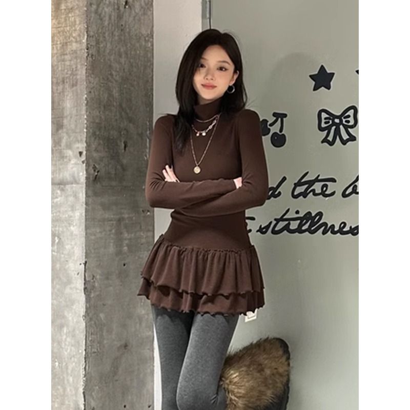 莫代爾人棉高領針織連衣裙女秋冬修身顯瘦打底木耳邊裙擺短裙