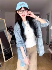 美式復古oversize格子防曬襯衫女夏季寬鬆休閒上衣潮