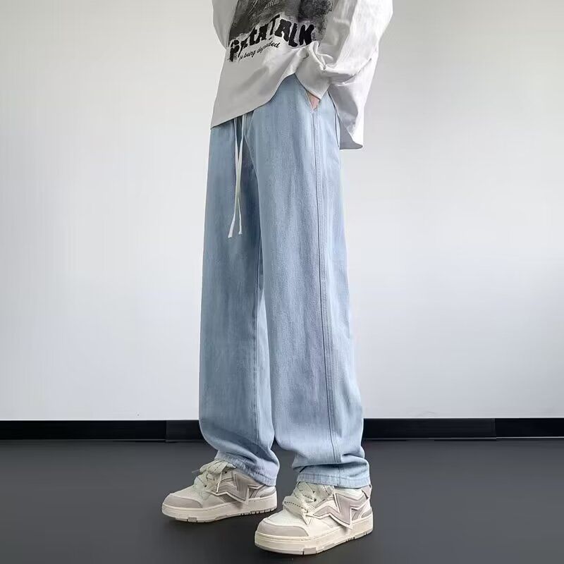 美式水洗鬆緊腰抽繩牛仔褲男女顯瘦中腰復古INS風微喇褲子設計感