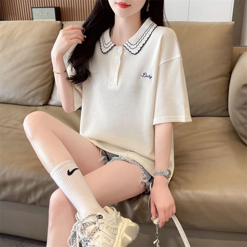 First real shot of waffle Korean short summer POLO neck short-sleeved T-shirt for women