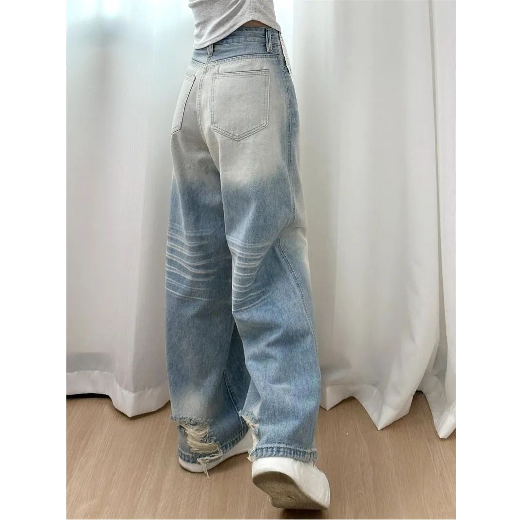 Retro American style used in old washing light blue denim wide-leg pants for women loose and versatile high waist straight pants floor-moving pants