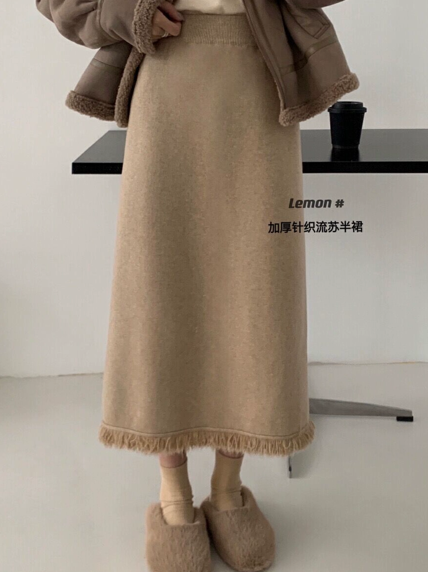 Knitted skirt for women in autumn and winter thickened medium-length tassel slit A-line straight one-step hip wool long skirt