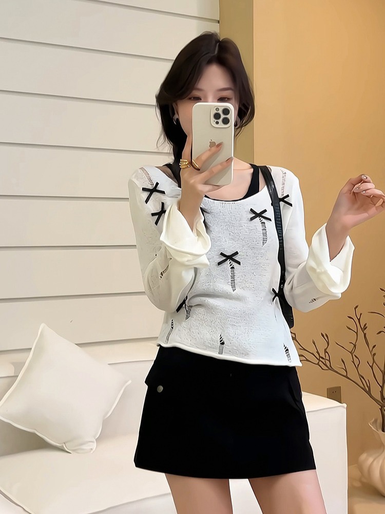 Korean sweet bow with broken hollow trumpet sleeves one-length neck sweater suspender vest fake two-piece set for women autumn