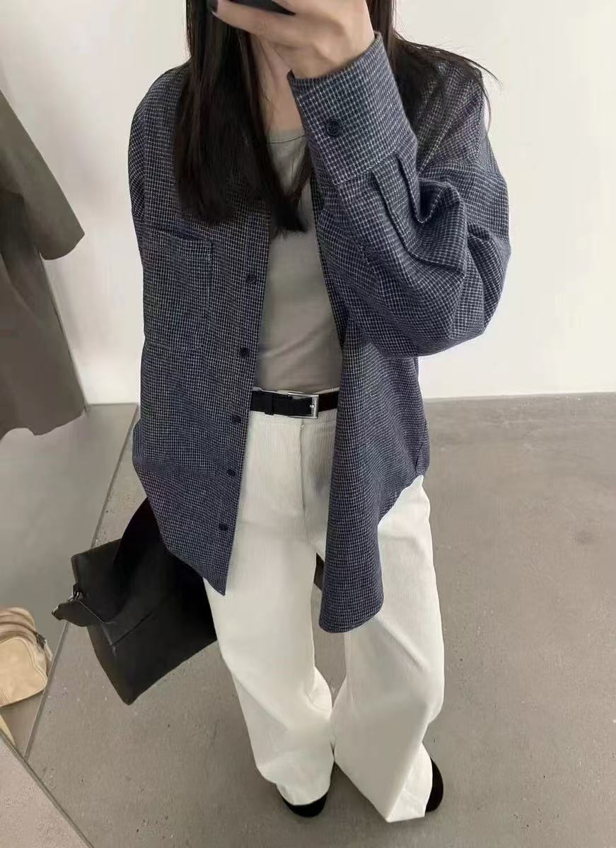 磨毛呢子格紋襯衫女春秋冬小個子設計感百搭疊穿寬鬆休閒上衣外套