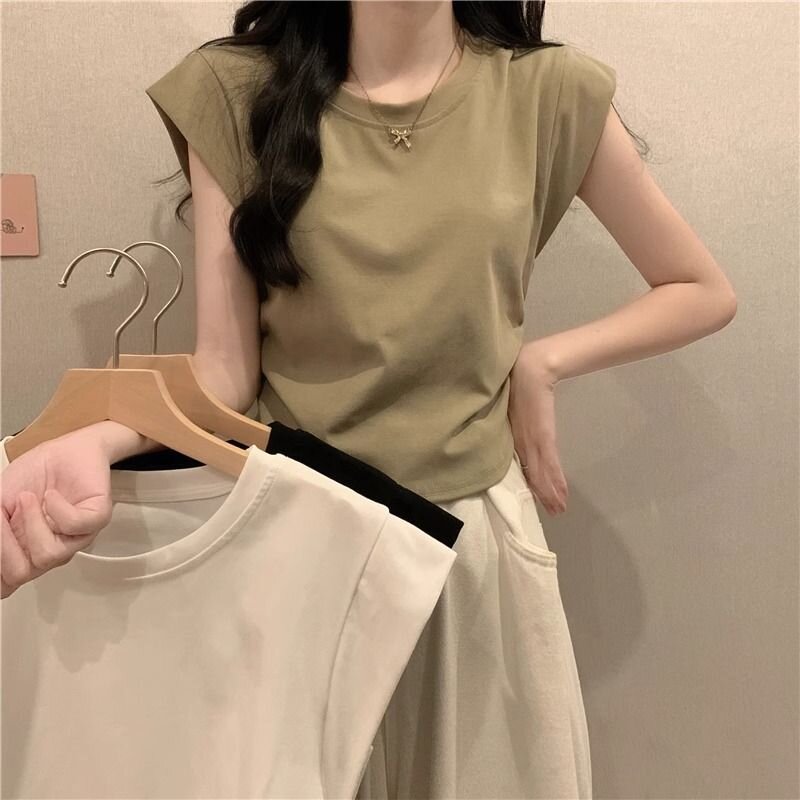 Slim shoulders, slim, high waist, short sleeves, T-shirt for women, niche small flying sleeves, pleated waist-hugging short top, summer