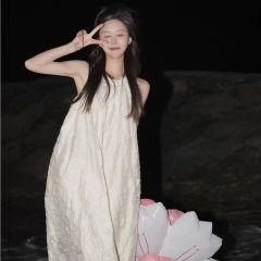 Afternoon tea French-style gentle V-neck sleeveless dress for women, summer vacation style skirt, temperament long dress