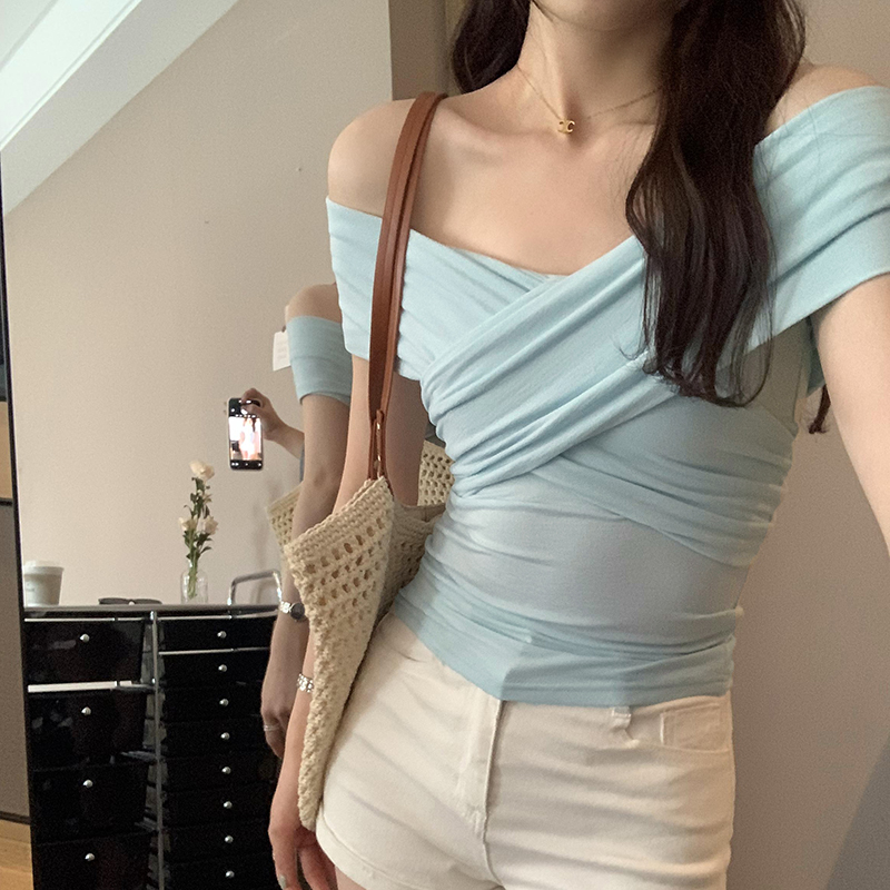Real photo of hot girls cross-fold pleated V-neck one-shoulder off-shoulder short-sleeved T-shirt for women's summer 2025 new pure slut top