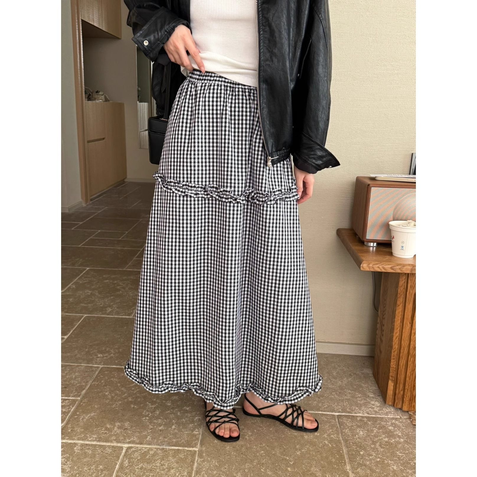 Korean ins retro plaid skirt for women with black ears spliced ​​high waist versatile cake elastic waist skirt
