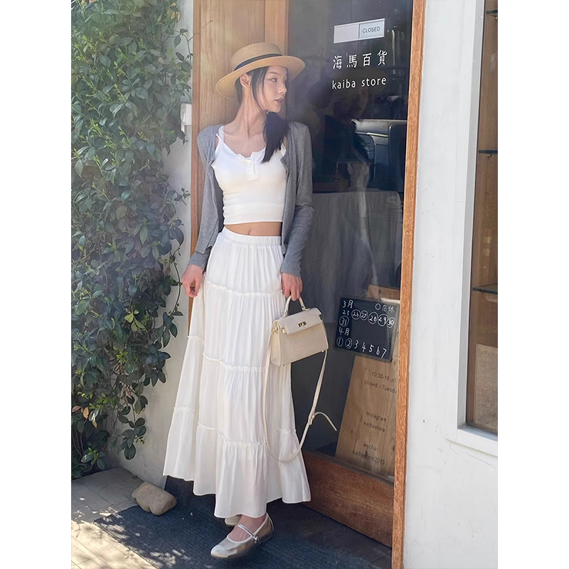 PPHOME White Flower Love ~ White Cake Skirt Spring and Summer Solid Gentle Umbrella Skirt versatile high waist mid-length skirt