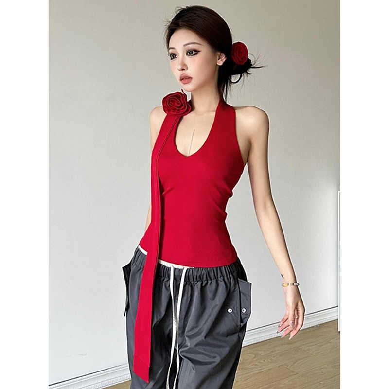Threaded fabric retro style red halter neck sleeveless vest women's new slim fit slim inner base top
