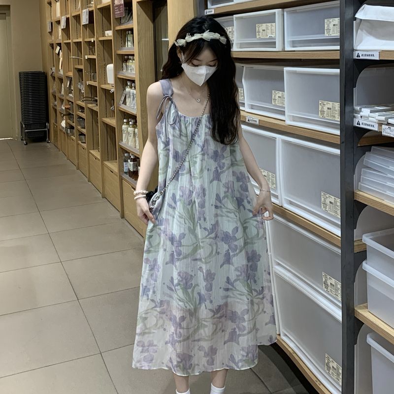2025 summer new vacation style outdoor skirt for women's loose sleeveless floral suspender dress over knee long skirt