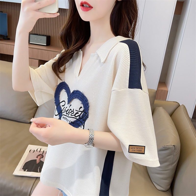 First release real photo after bag collar Korean version contrast embroidery new summer waffle POLO neck short-sleeved T-shirt for women