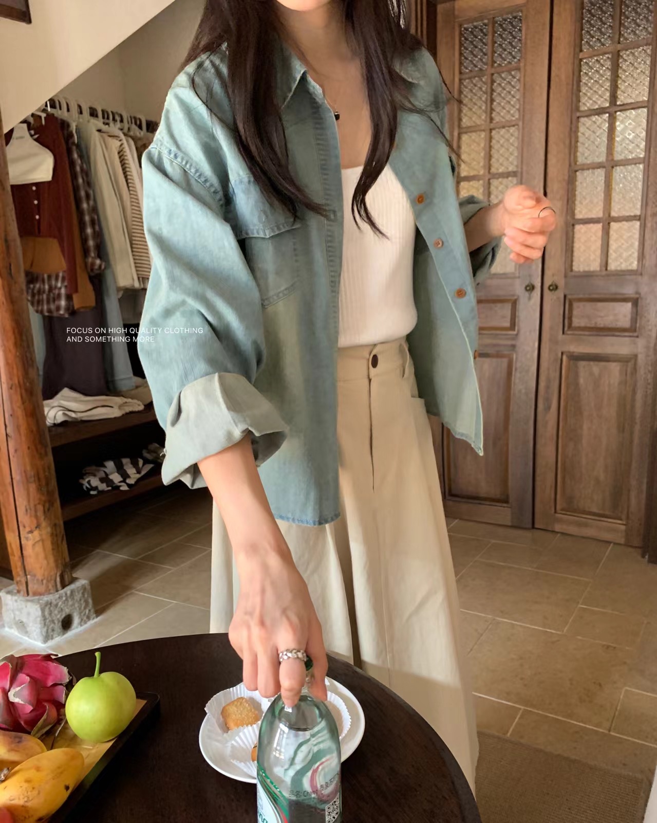 實拍～春季新款牛仔雙口袋百搭長袖牛仔襯衫