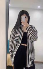 2025 new spring and summer thin forest retro striped shirt wears women's casual lazy style new shirt trend