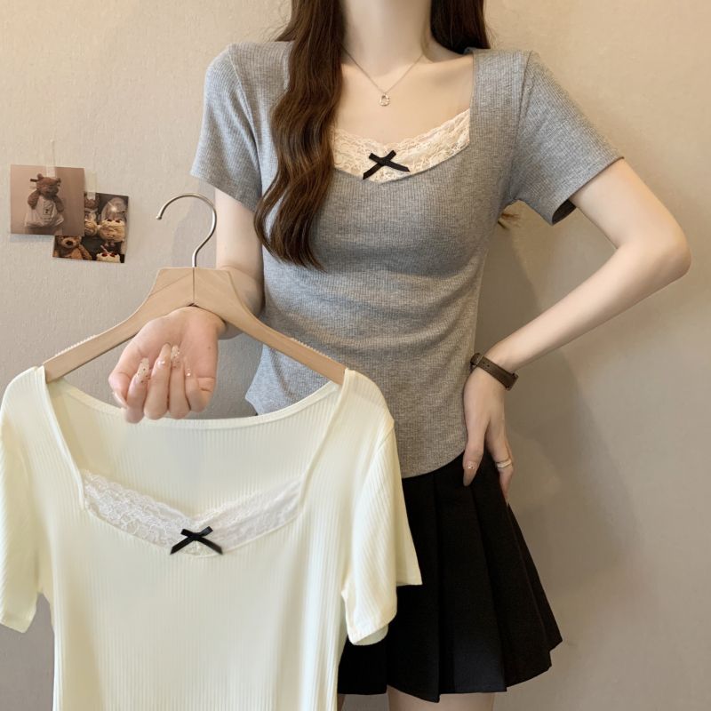 Real photo 40 pure cotton 210g 92 cotton/8 spandex lace bow short-sleeved T-shirt for women