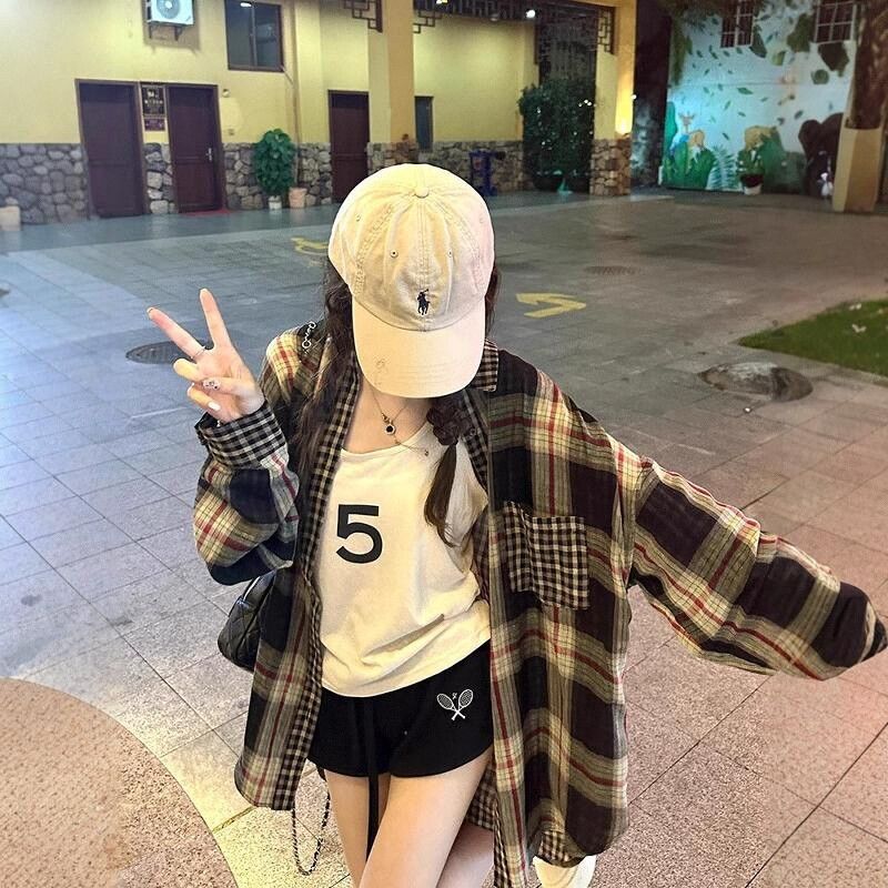 復古撞色格子長袖襯衫女秋季大碼寬鬆鹽系設計感襯衣潮