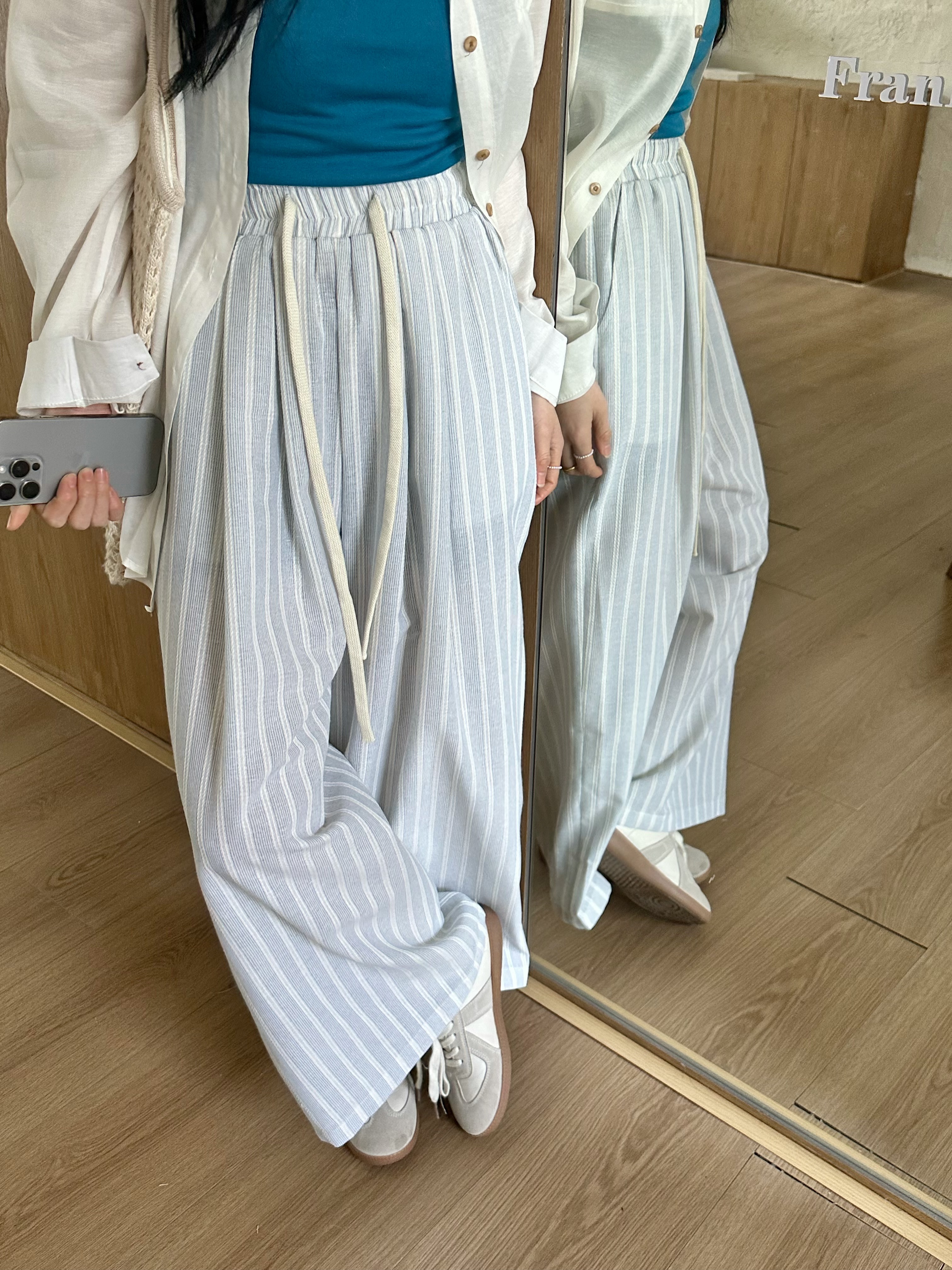 Real shot~Blue elastic waistband lace-up vertical striped casual wide-leg pants early spring 2025 new straight trousers