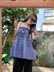 Original fabric blue grid two-way women's summer French camisole backless A-line umbrella skirt