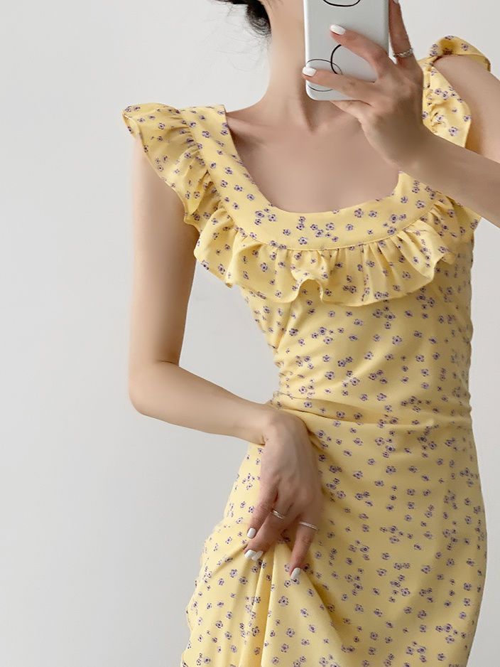 French retro floral dress mid-length temperament vacation square collar ruffled skirt women's summer new long skirt