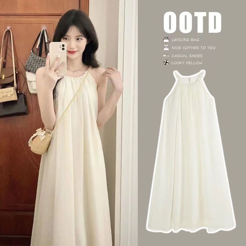 Seaside vacation halter neck super fairy temperament high-end dress female student summer loose simple suspender long skirt
