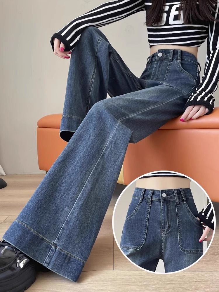 彈力款復古藍微喇牛仔褲女2025春秋高腰顯瘦寬鬆闊腿拖地喇叭褲子