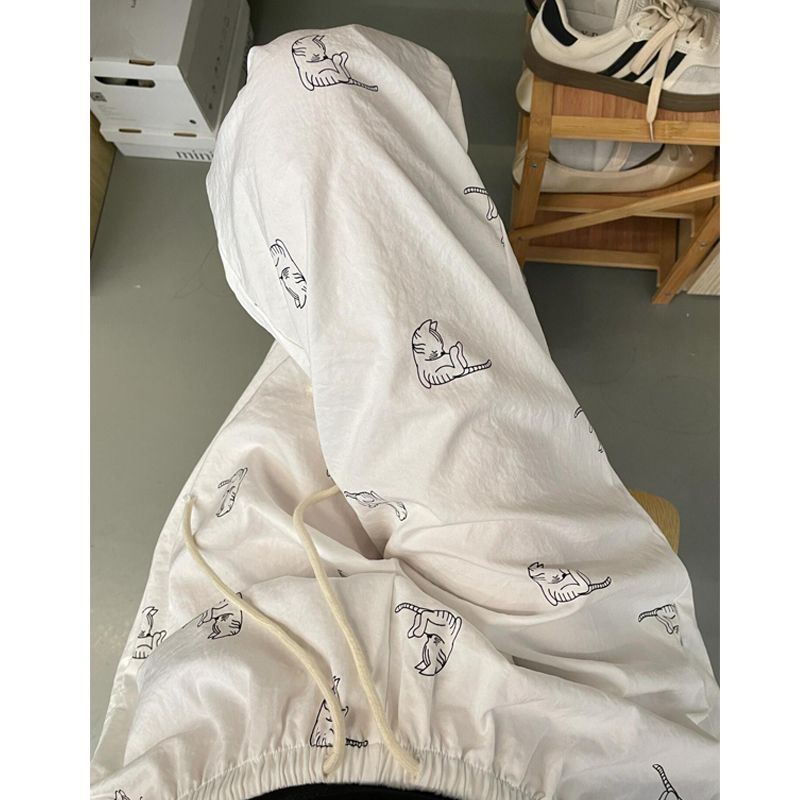 Korean style design line drawing kitten printed casual pants for women in summer new loose versatile straight pants