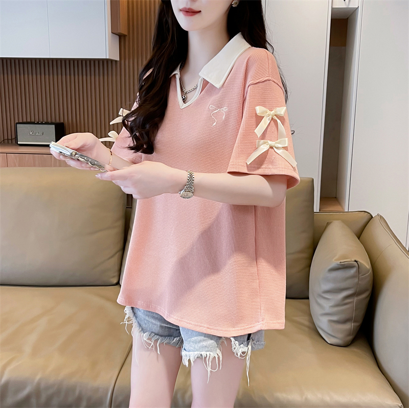 First shot of waffle short-sleeved contrasting embroidered bow T-shirt for women
