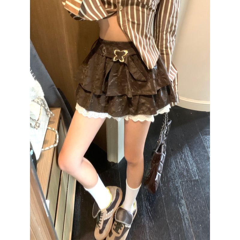 Real shot!  !  Coffee puffy skirt high waist cool cake skirt A-line skirt small short skirt