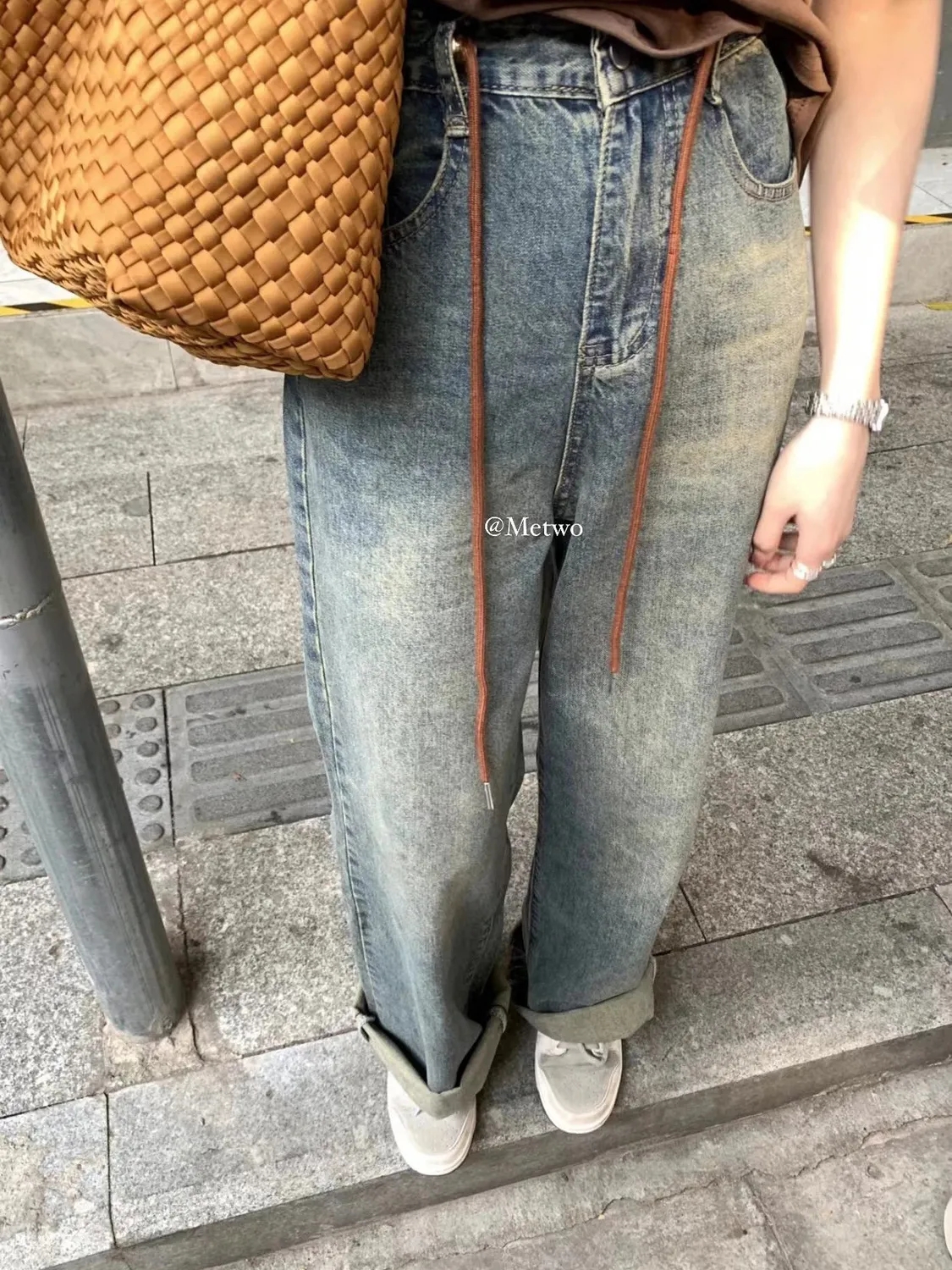 新款韓版復古懷舊抽繩牛仔褲女高腰顯瘦闊腿直筒拖地長褲