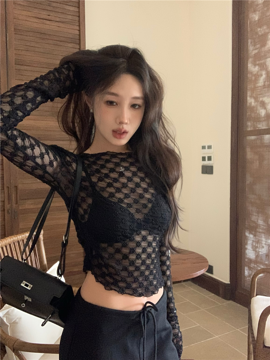 天貓質量網紗透視長袖女春夏季新款圓領修身收腰性感辣妹上衣