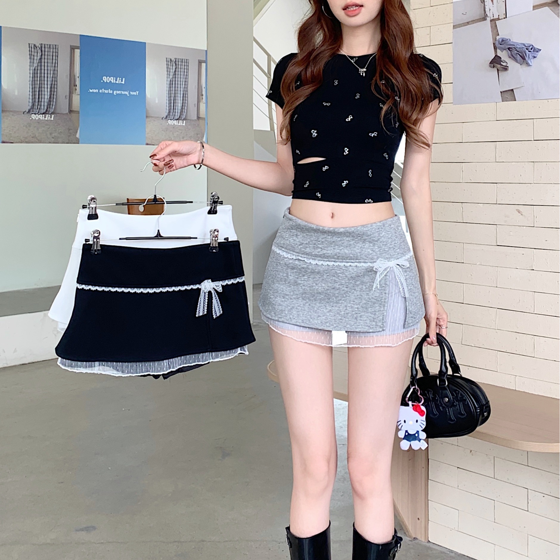 Real shot!  Lace spliced ​​skirt for women with high waist A-line skirt for hot girls with slit hips