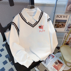 Real photo of the street back bag collar twill thin POLO collar sweatshirt for women cartoon long-sleeved jacket design top internet celebrity