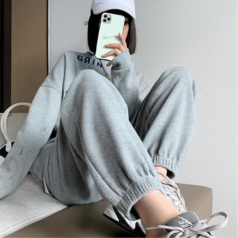 原版外貿華夫格運動褲女春夏薄款灰色小個子休閒寬鬆束腳衛褲