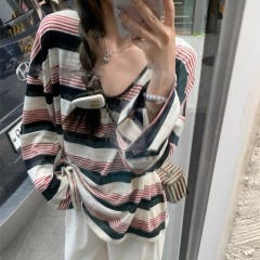 Contrast color top thin loose red and black long-sleeved sunscreen T-shirt top for women