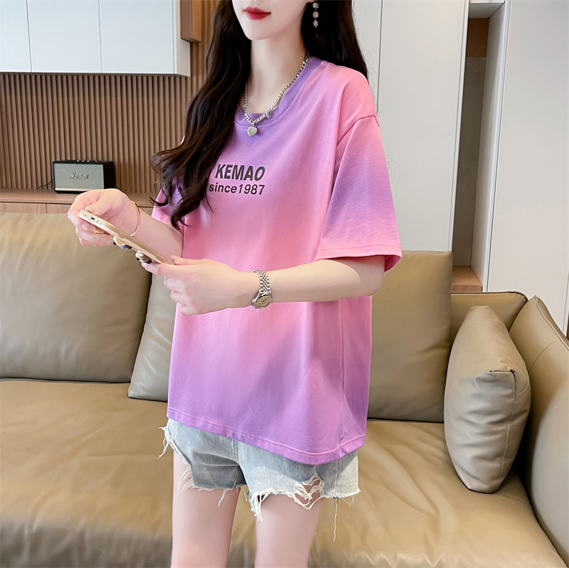 Real shot 65 cotton summer new gradient printed round neck short-sleeved T-shirt for women