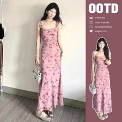 Sweet Pink Strappy Dress 2025 New Summer Floral Print Women's Petite Long-Sleeve Elegant Waist-Clinching Dress