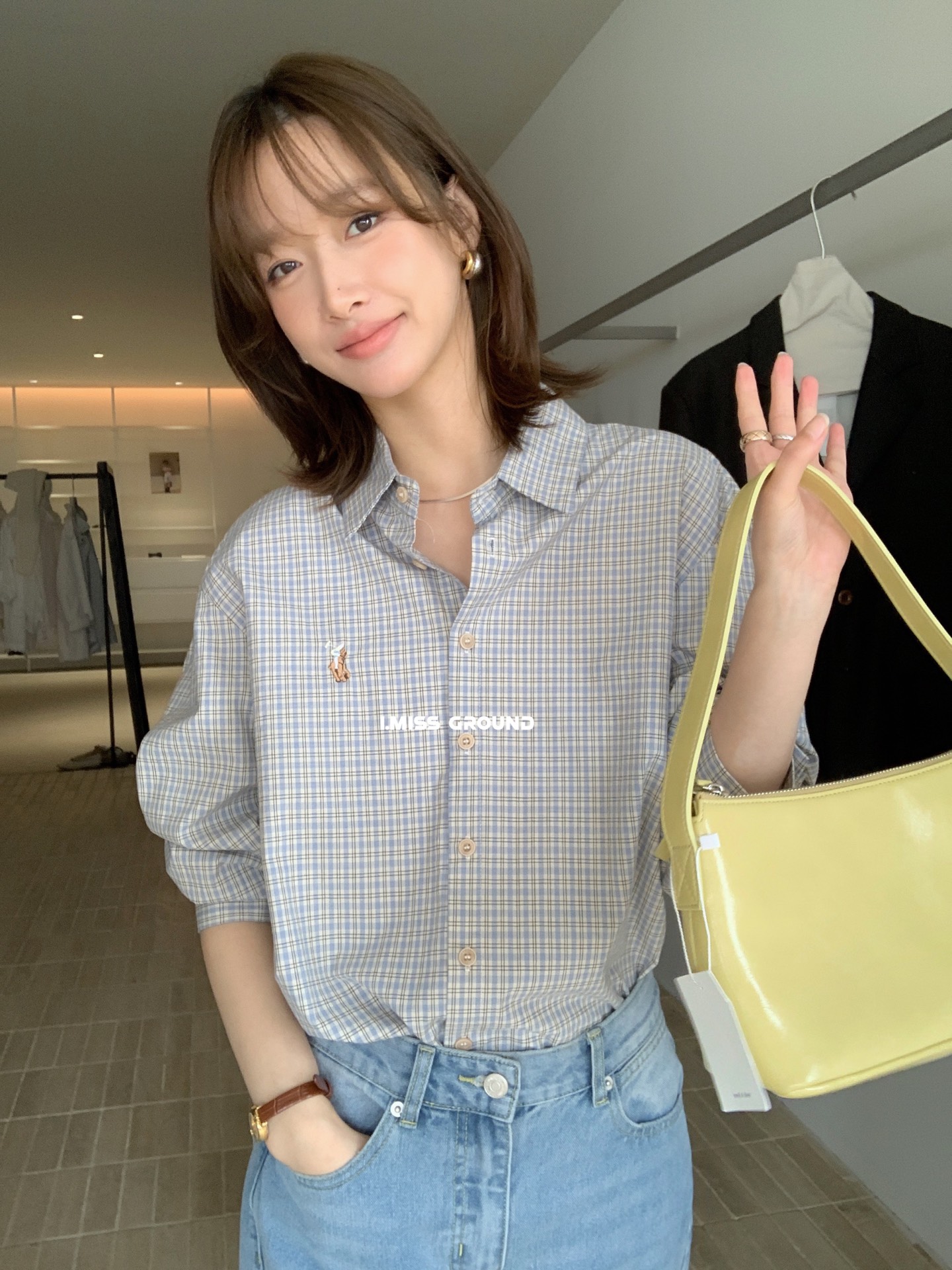 韓系翻領小馬刺繡藍色格子長袖襯衫春季寬鬆顯瘦休閒外搭女