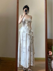 2025夏季新款新中式套裝女荷葉邊吊帶上衣慵懶修身氣質半身裙