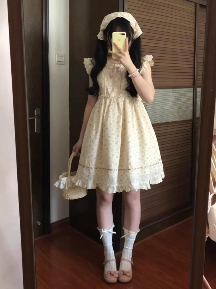 小個子初戀蛋糕碎花裙修身顯瘦飛飛袖純欲芭蕾風圓領仙女裙女