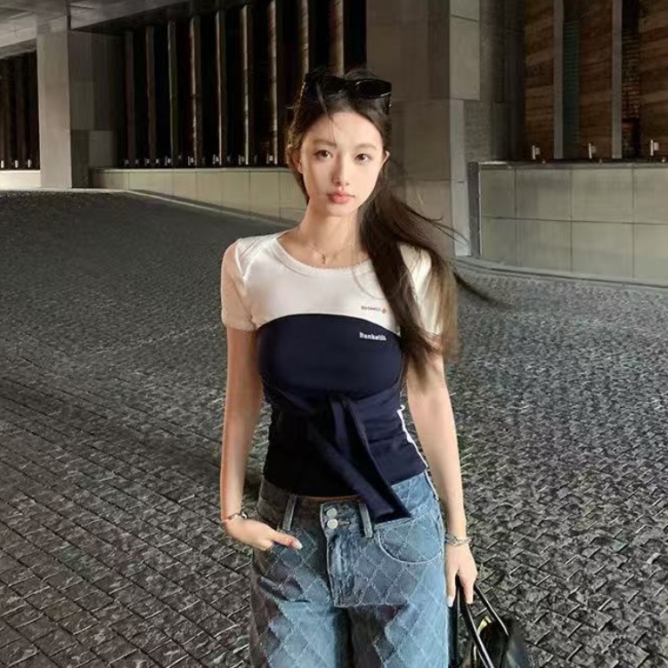 韓系miu系少女設計感疊穿立體綁帶抹胸背心女短袖T恤
