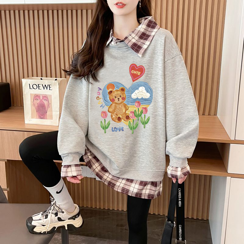 First release real shot Huamianfu milk silk back bag and extra large size plaid splicing printed sweatshirt autumn