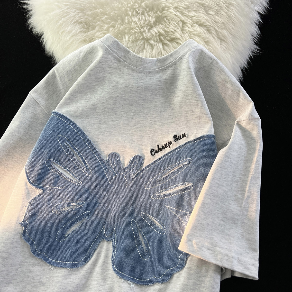 Official picture pure cotton 200g quality 240 jin large size denim embroidered butterfly T-shirt for women
