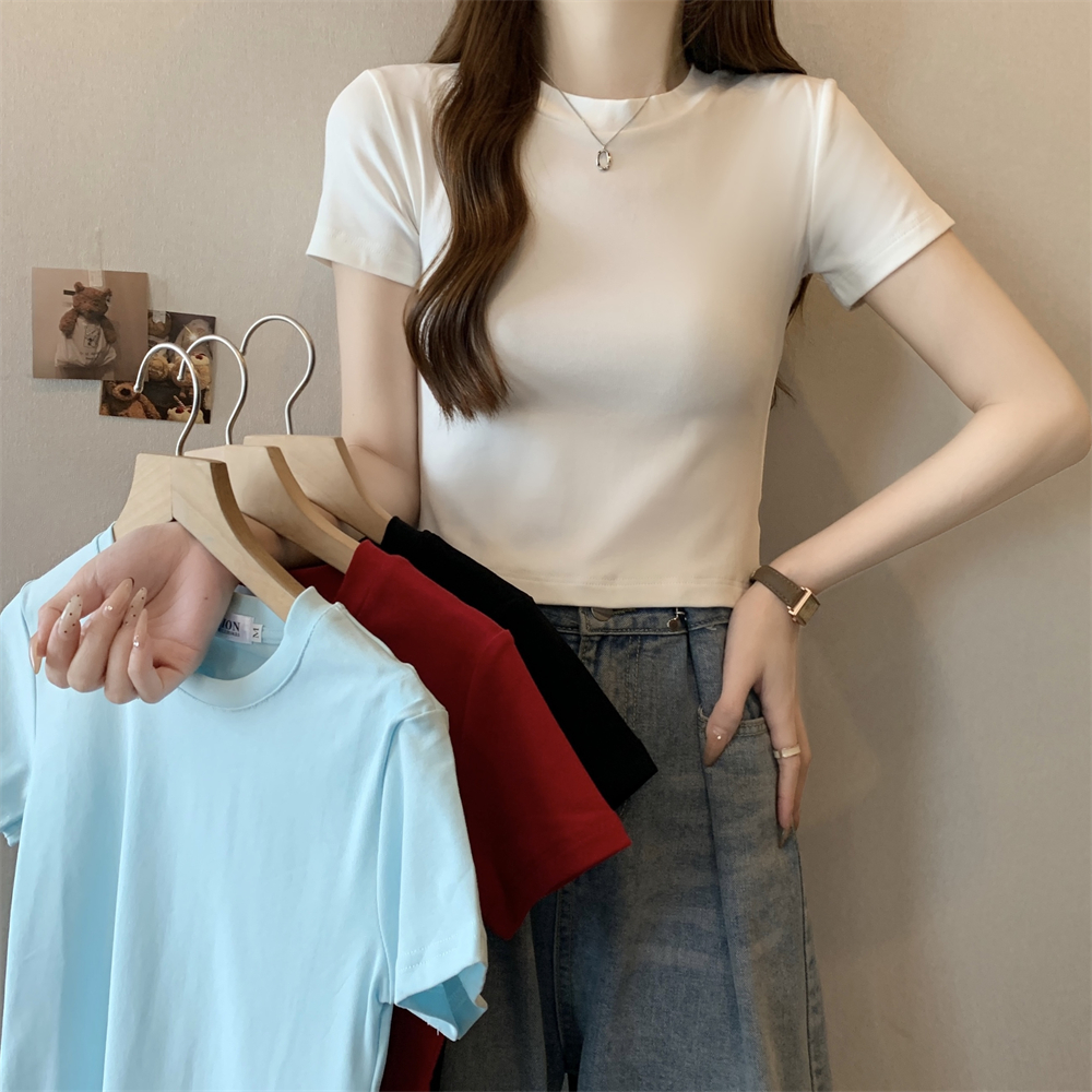 實拍 夏季韓版百搭純色短款打底衫女新款純棉短袖T恤上衣女