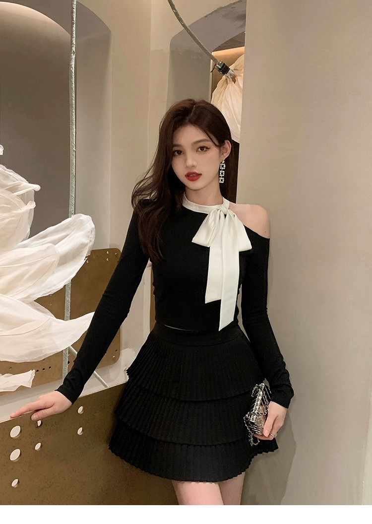 Black off-shoulder top for women's design niche short slim bow long sleeve knit